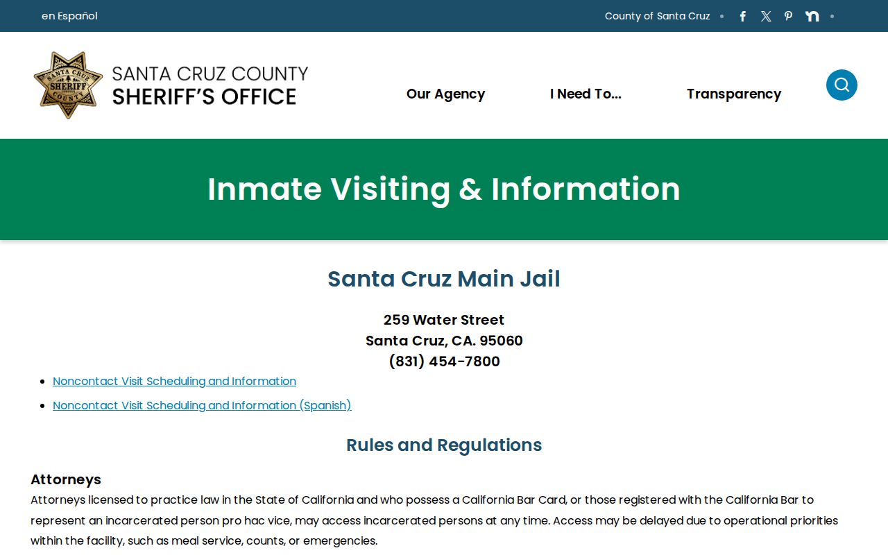 Santa Cruz County arrest history Main Jail information page