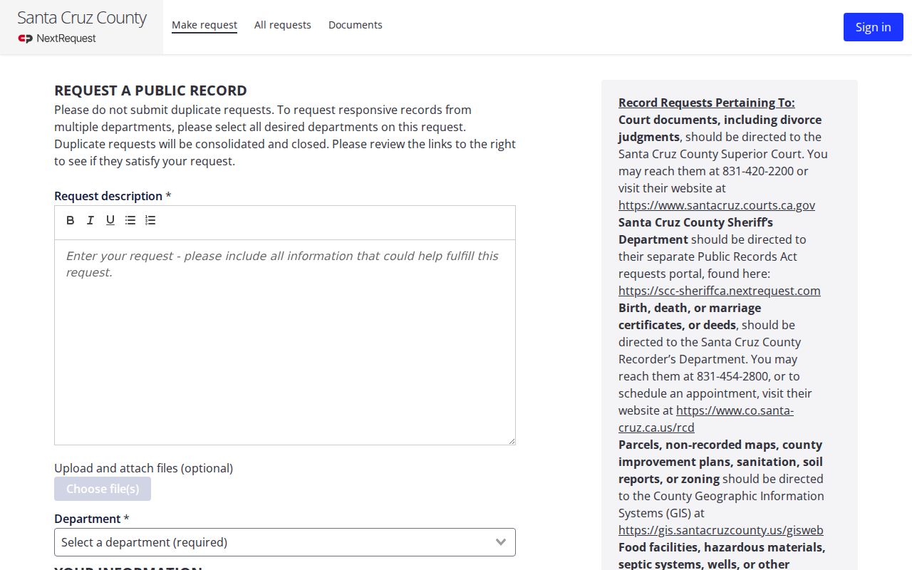 Santa Cruz County arrest history county NextRequest records form