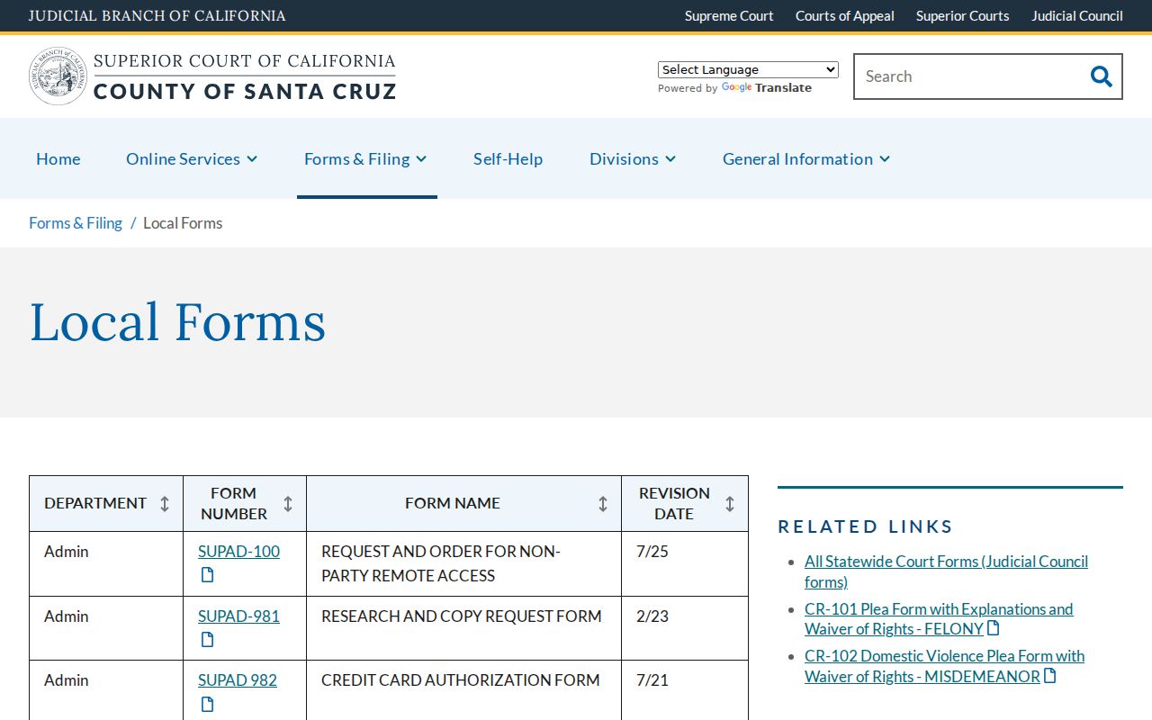 Santa Cruz County criminal court local forms page