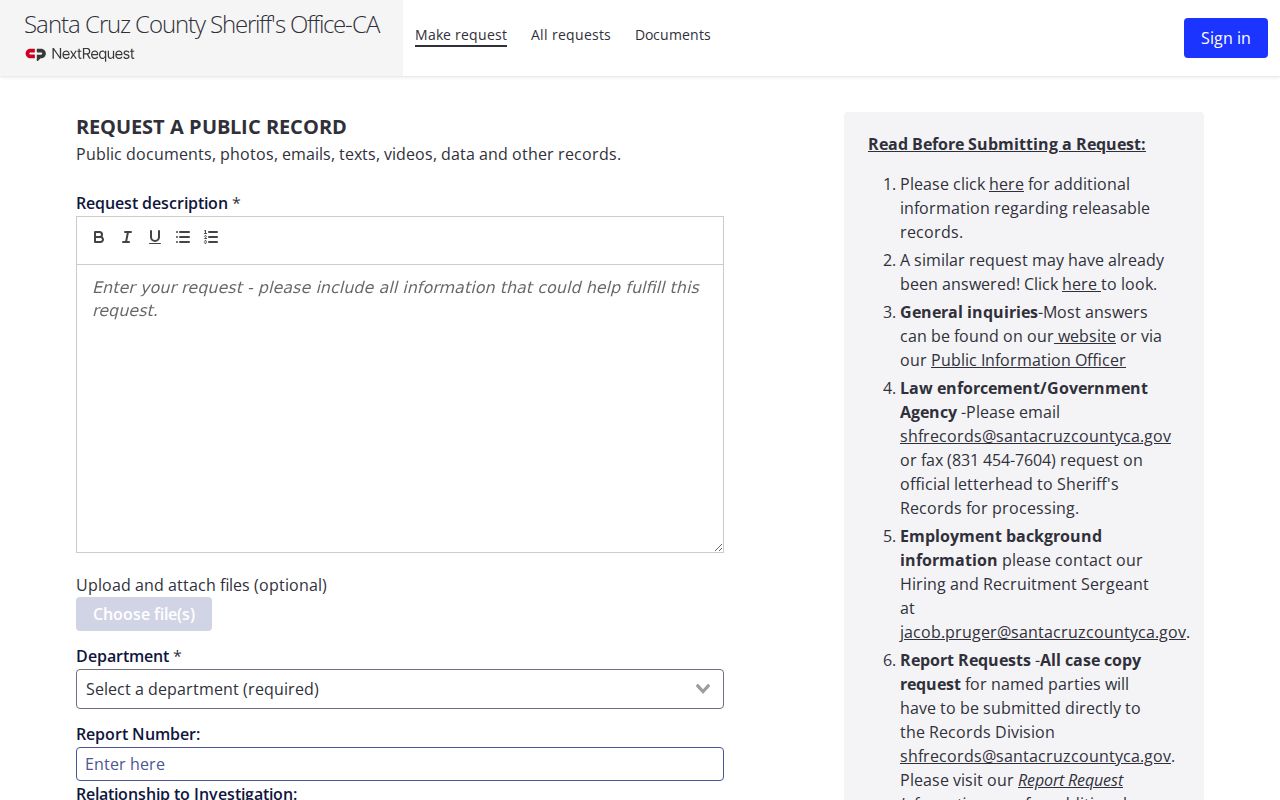 Santa Cruz County criminal history Sheriff NextRequest form