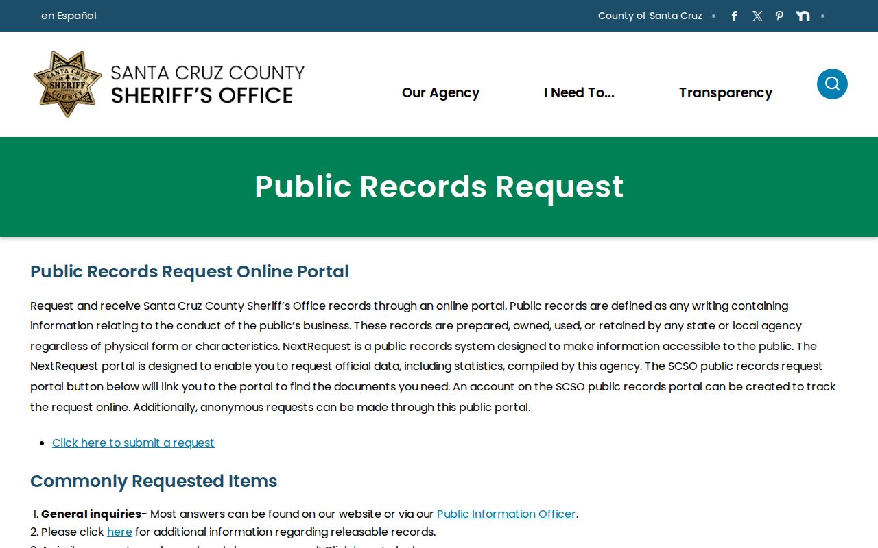 Santa Cruz County criminal records sheriff request page